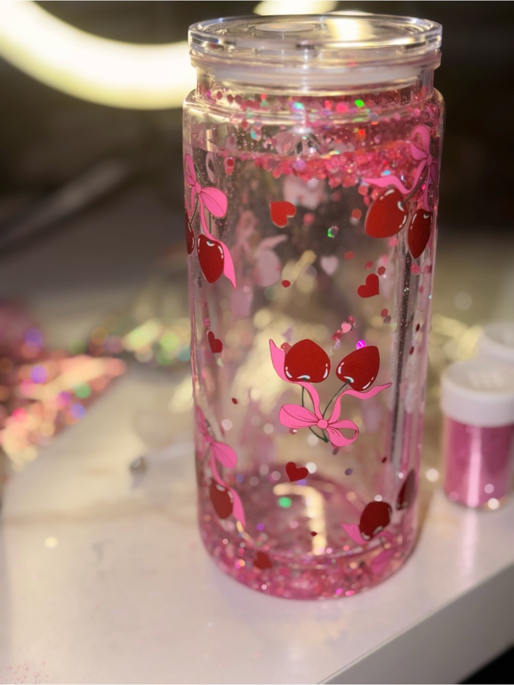 Pink Cherry Glitter Water Bottle - Unbranded